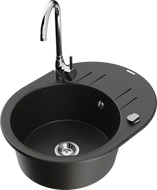 Mexen Kevin granite sink 1-compartment with drainer and Telma kitchen faucet, black/gold metallic - 6517-75-670200-00
