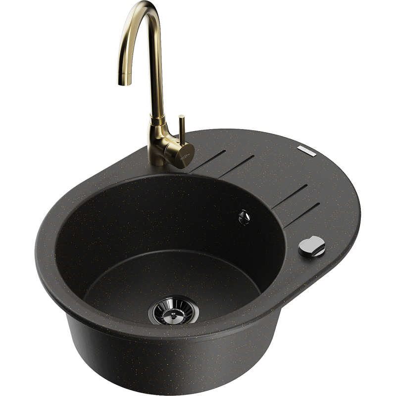 Mexen Kevin 1-bowl granite sink with drainer and Telma kitchen tap, black/golden metallic - 6517-75-670200-50-B