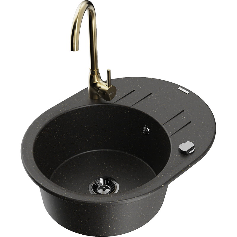 Mexen Kevin 1-chamber granite sink with drainer and Telma kitchen faucet, black/gold metallic - 6517-75-670200-50-B