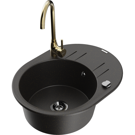 Mexen Kevin 1-bowl granite sink with drainer and Telma kitchen tap, black/golden metallic - 6517-75-670200-50-B