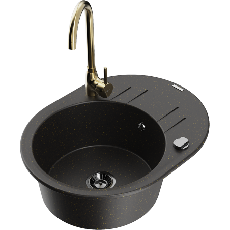 Mexen Kevin granite single-bowl sink with drainer and kitchen faucet Telma, black/gold metallic - 6517-75-670200-50-B