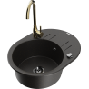 Mexen Kevin 1-bowl granite sink with drainer and Telma kitchen tap, black/golden metallic - 6517-75-670200-50-B