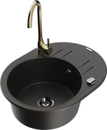 Mexen Kevin 1-bowl granite sink with drainer and Telma kitchen tap, black/golden metallic - 6517-75-670200-50-B