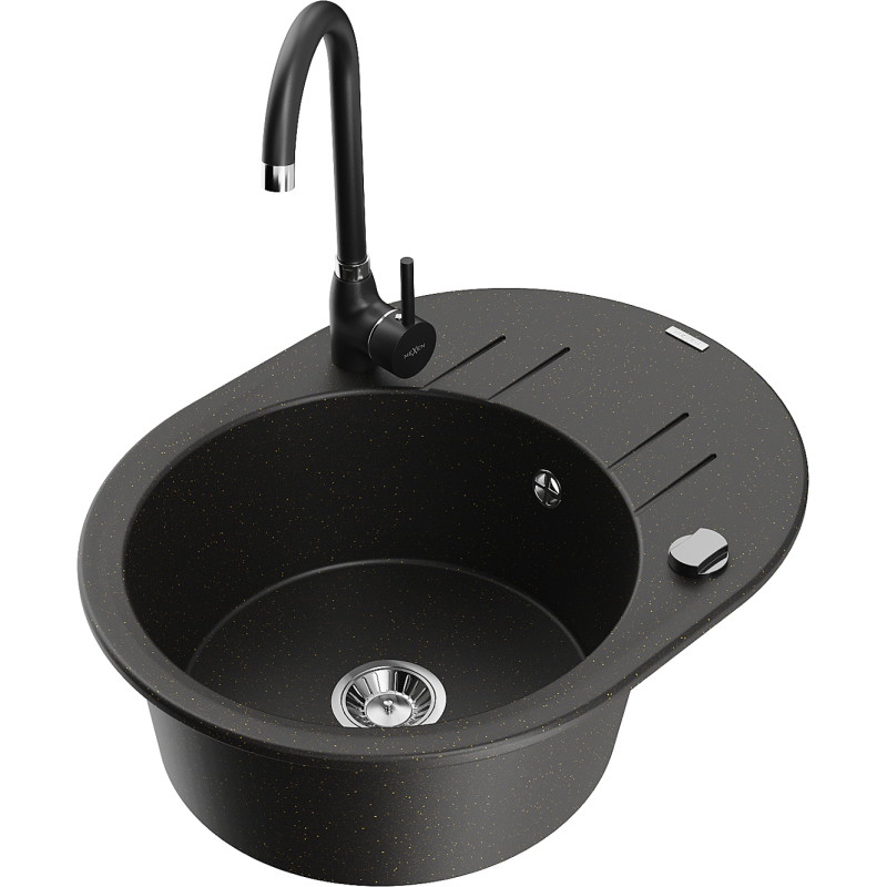 Mexen Kevin 1-bowl granite sink with drainer and Telma kitchen faucet, black/gold metallic - 6517-75-670200-70