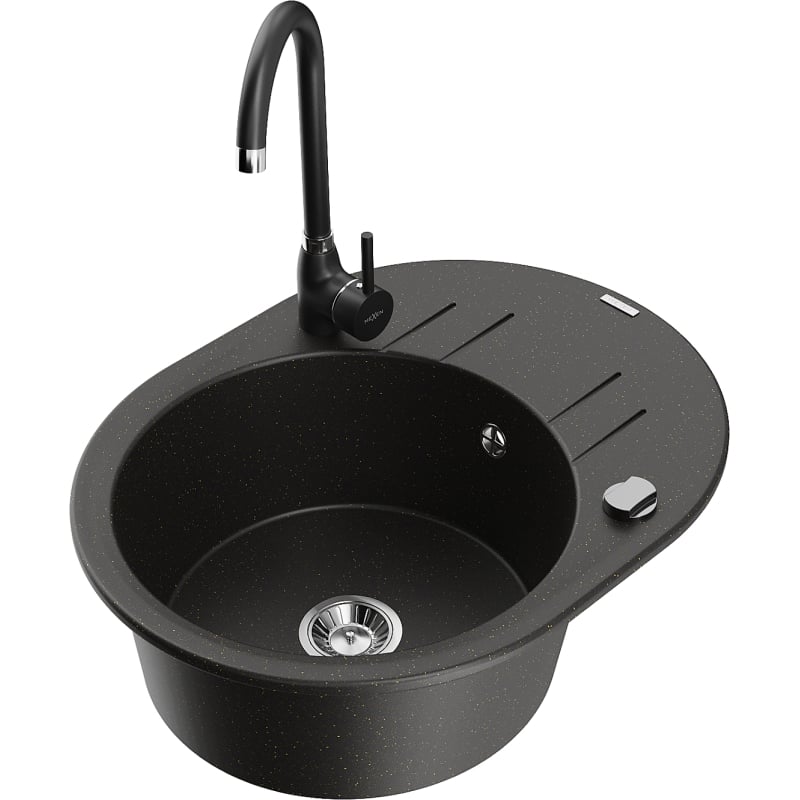 Mexen Kevin granite sink 1-bowl with drainer and kitchen faucet Telma, black/gold metallic - 6517-75-670200-70
