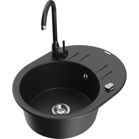 Mexen Kevin granite sink, 1-bowl with drainer and Telma kitchen faucet, black/gold metallic - 6517-75-670200-70