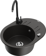 Mexen Kevin granite sink 1-bowl with drainer and kitchen faucet Telma, black/gold metallic - 6517-75-670200-70