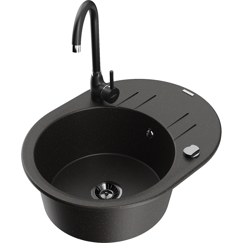 Mexen Kevin granite kitchen sink 1-bowl with drainer and Telma kitchen tap, black/gold metallic - 6517-75-670200-70-B