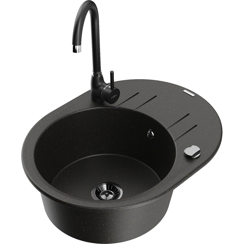 Mexen Kevin granite sink 1-bowl with drainer and Telma kitchen faucet, black/gold metallic - 6517-75-670200-70-B