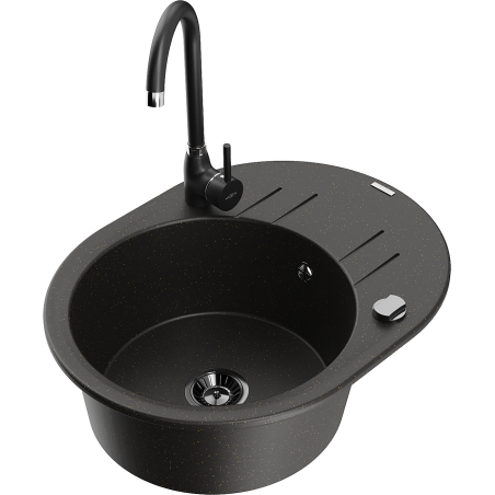 Mexen Kevin granite kitchen sink 1-bowl with drainer and Telma kitchen tap, black/gold metallic - 6517-75-670200-70-B