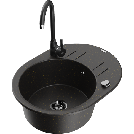 Mexen Kevin granite sink 1-bowl with drainer and Telma kitchen faucet, black/gold metallic - 6517-75-670200-70-B