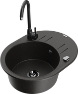 Mexen Kevin granite sink 1-bowl with drainer and Telma kitchen faucet, black/gold metallic - 6517-75-670200-70-B