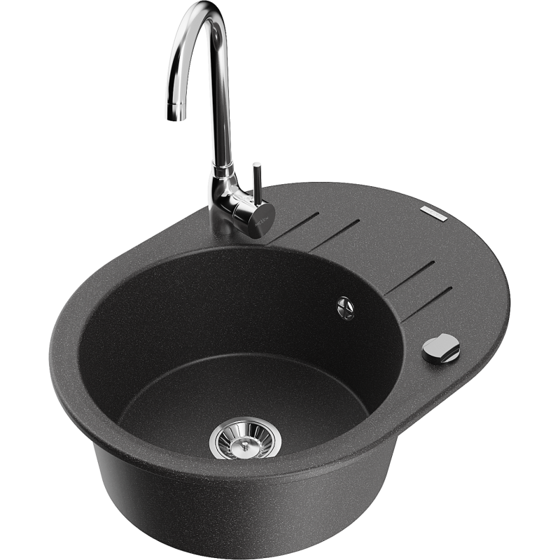 Mexen Kevin 1-compartment granite sink with a drip tray and kitchen mixer tap Telma, spotted black - 6517-76-670200-00