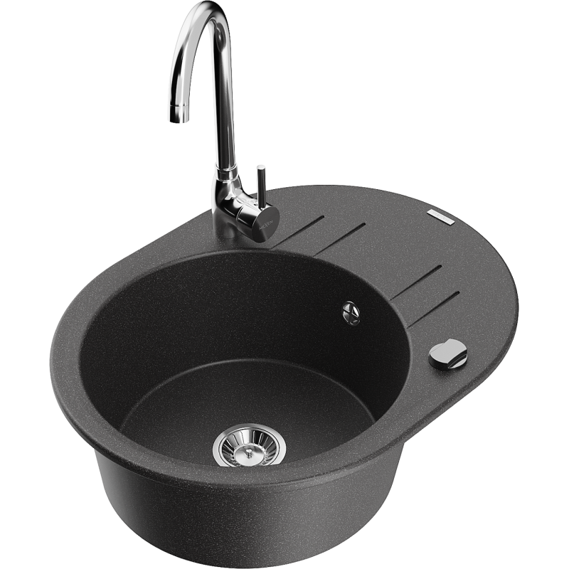 Mexen Kevin granite sink single bowl with drainer and Telma kitchen tap, black speckled - 6517-76-670200-00