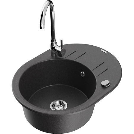 Mexen Kevin granite sink single bowl with drainer and Telma kitchen tap, black speckled - 6517-76-670200-00