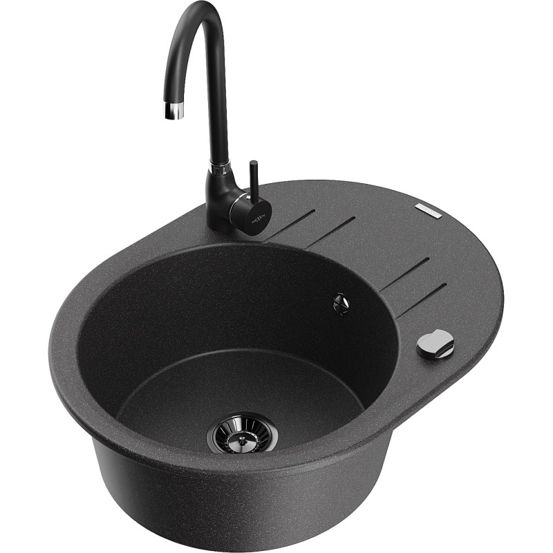 Mexen Kevin 1-bowl granite sink with drainer and Telma kitchen faucet, black speckled - 6517-76-670200-70-B