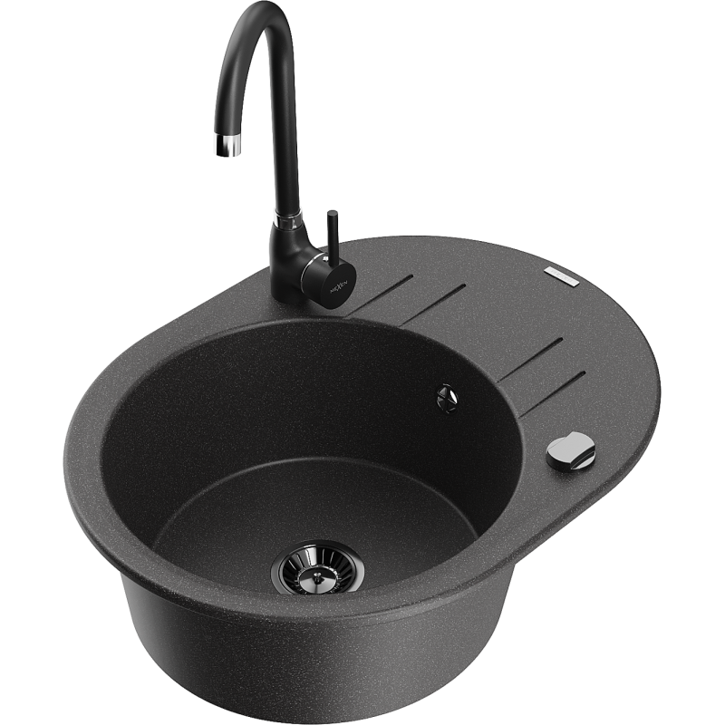 Mexen Kevin 1-compartment granite sink with a drip tray and kitchen mixer tap Telma, spotted black - 6517-76-670200-70-B
