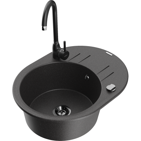 Mexen Kevin 1-bowl granite sink with drainer and Telma kitchen faucet, black speckled - 6517-76-670200-70-B