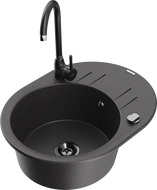 Mexen Kevin granite sink with 1 bowl, drainer and Telma kitchen tap, speckled black - 6517-76-670200-70-B