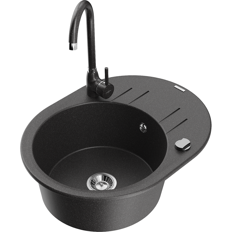 Mexen Kevin granite kitchen sink 1-bowl with drainer and Telma kitchen tap, speckled - 6517-76-670200-76