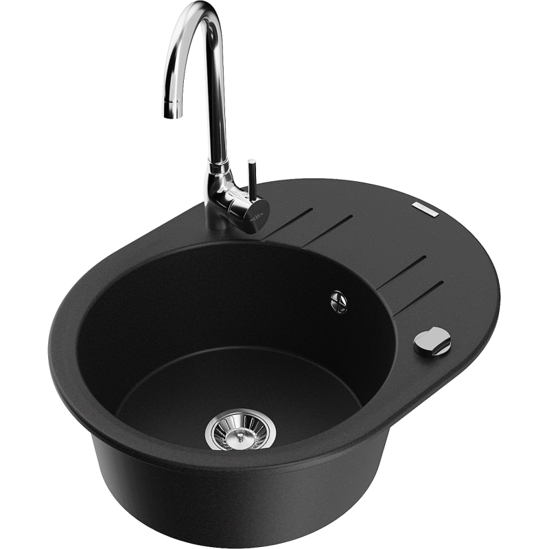 Mexen Kevin granite sink 1-bowl with drainer and Telma kitchen tap, black - 6517-77-670200-00