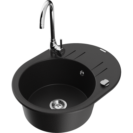 Mexen Kevin granite sink 1-bowl with drainer and Telma kitchen tap, black - 6517-77-670200-00