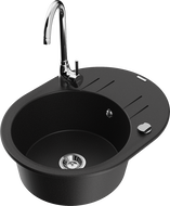 Mexen Kevin granite sink 1-bowl with drainer and Telma kitchen tap, black - 6517-77-670200-00