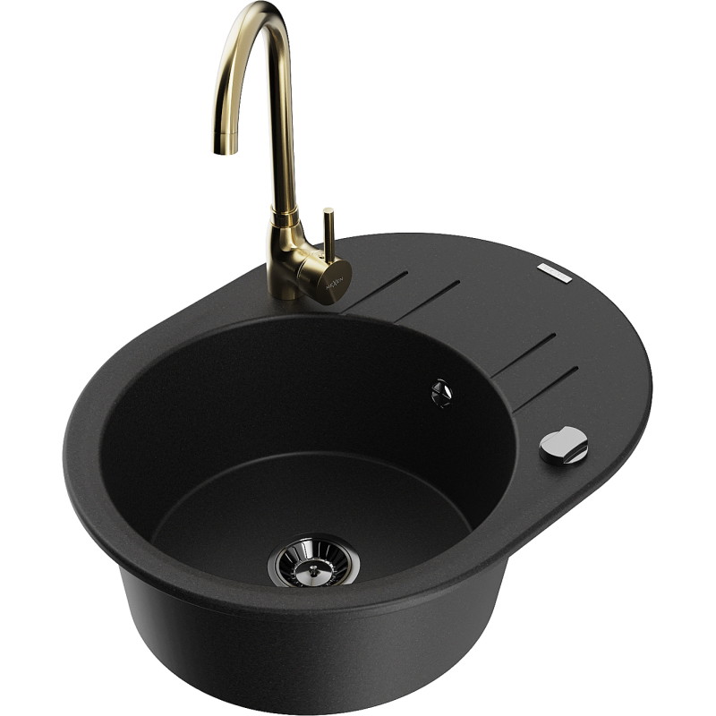 Mexen Kevin 1-bowl granite sink with drainer and Telma kitchen faucet, black - 6517-77-670200-50-B