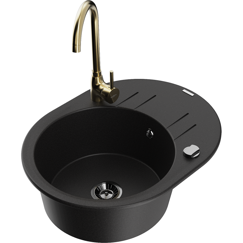 Mexen Kevin 1-compartment granite sink with a drip tray and kitchen mixer tap Telma, Black - 6517-77-670200-50-B