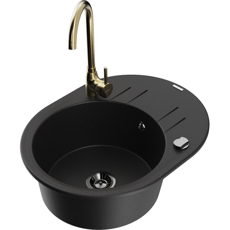 Mexen Kevin 1-bowl granite sink with drainer and Telma kitchen faucet, black - 6517-77-670200-50-B