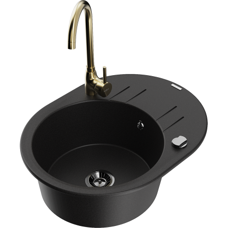 Mexen Kevin Telma 1-bowl granite sink with drainer and kitchen faucet, black - 6517-77-670200-50-B