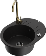 Mexen Kevin Telma 1-bowl granite sink with drainer and kitchen faucet, black - 6517-77-670200-50-B