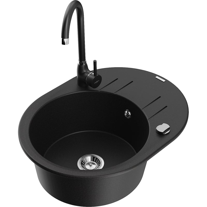 Mexen Kevin 1-bowl granite sink with drainer and Telma kitchen faucet, black - 6517-77-670200-70