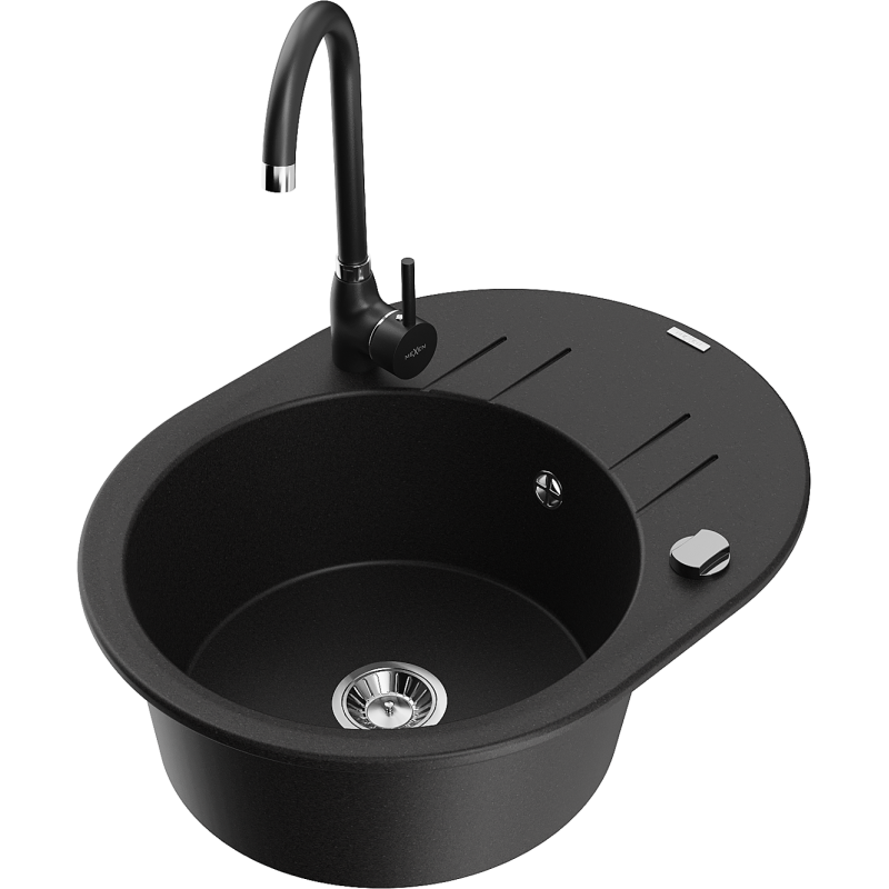 Mexen Kevin granite 1-bowl sink with drainer and Telma kitchen tap, black - 6517-77-670200-70