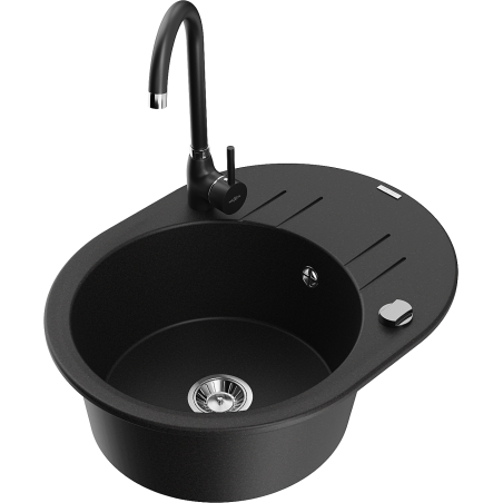 Mexen Kevin granite kitchen sink 1-bowl with drainer and Telma kitchen faucet, black - 6517-77-670200-70