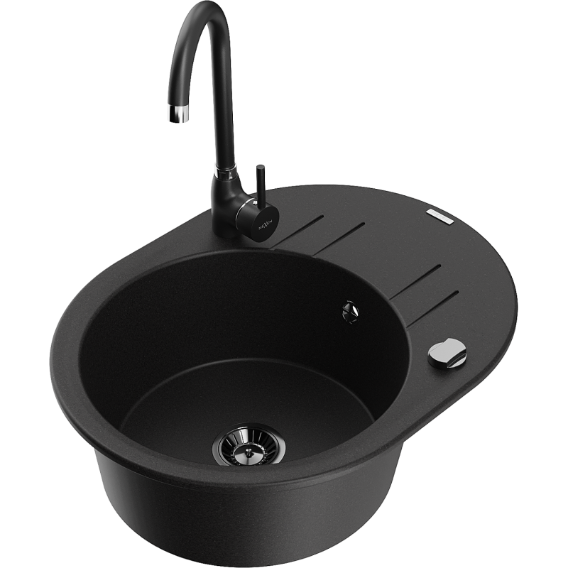 Mexen Kevin 1-compartment granite sink with a drip tray and kitchen mixer tap Telma, Black - 6517-77-670200-70-B