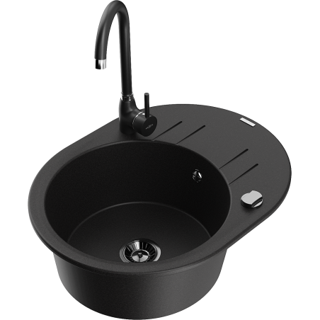 Mexen Kevin granit sink 1-bowl with drainer and Telma kitchen faucet, black - 6517-77-670200-70-B