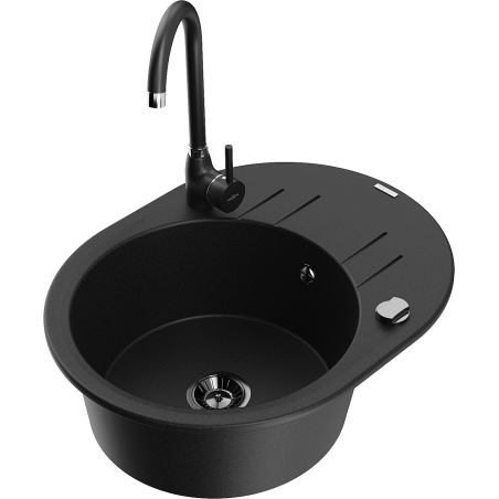 Mexen Kevin granite sink 1-bowl with drainer and kitchen tap Telma, black - 6517-77-670200-70-B