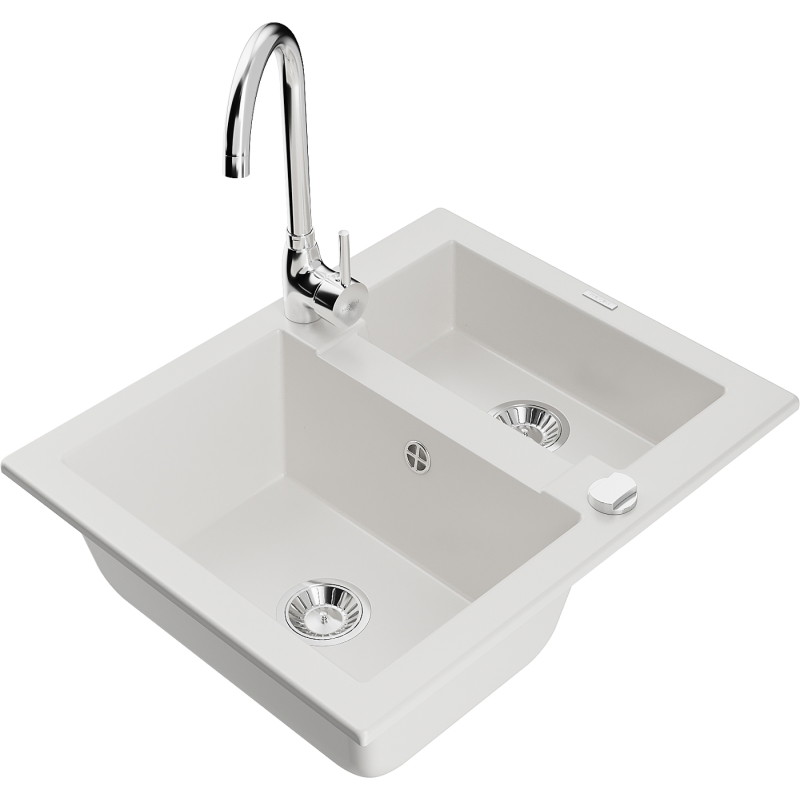 Mexen Carlos granite sink 1.5-bowl with Telma kitchen faucet, white - 6518-20-670200-00