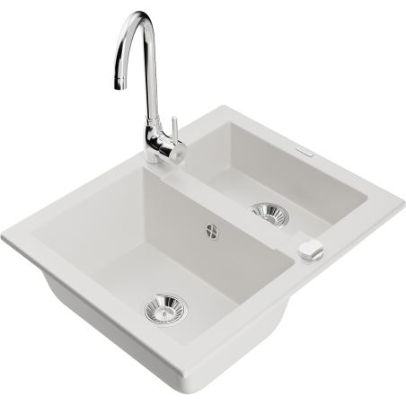 Mexen Carlos 1,5-compartment granite sink with a kitchen mixer tap Telma, White - 6518-20-670200-00