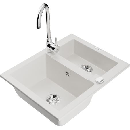 Mexen Carlos Granite Sink 1.5-Bowl with Telma Kitchen Tap, White - 6518-20-670200-00