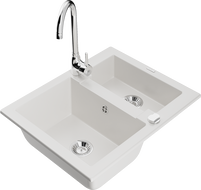 Mexen Carlos granite sink 1.5-bowl with Telma kitchen faucet, white - 6518-20-670200-00
