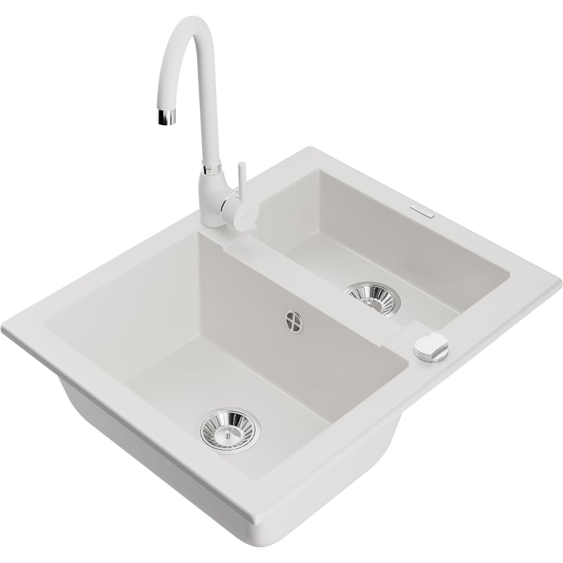 Mexen Carlos 1.5-bowl granite sink with Telma kitchen faucet, white - 6518-20-670200-20