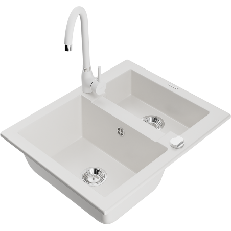 Mexen Carlos 1.5-bowl granite sink with Telma kitchen faucet, white - 6518-20-670200-20