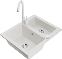 Mexen Carlos granit sink 1.5-bowl with Telma kitchen faucet, white - 6518-20-670200-20