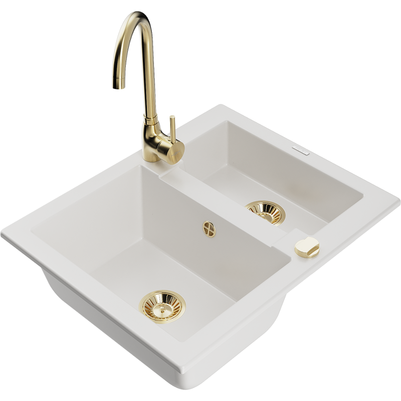 Mexen Carlos 1,5-compartment granite sink with a kitchen mixer tap Telma, White - 6518-20-670200-50