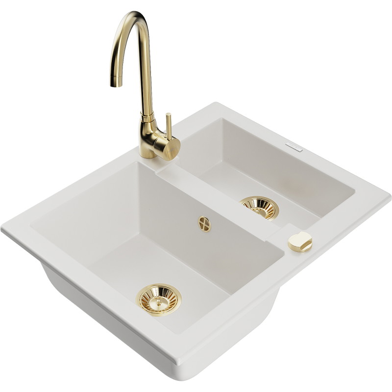 Mexen Carlos granite sink 1.5-bowl with Telma kitchen faucet, white - 6518-20-670200-50