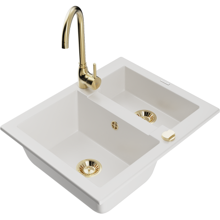 Mexen Carlos granite sink 1.5-bowl with Telma kitchen faucet, white - 6518-20-670200-50
