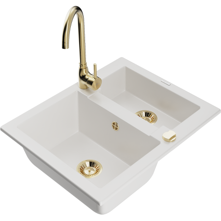 Mexen Carlos granite sink 1.5-bowl with Telma kitchen tap, white - 6518-20-670200-50
