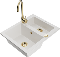 Mexen Carlos 1,5-compartment granite sink with a kitchen mixer tap Telma, White - 6518-20-670200-50